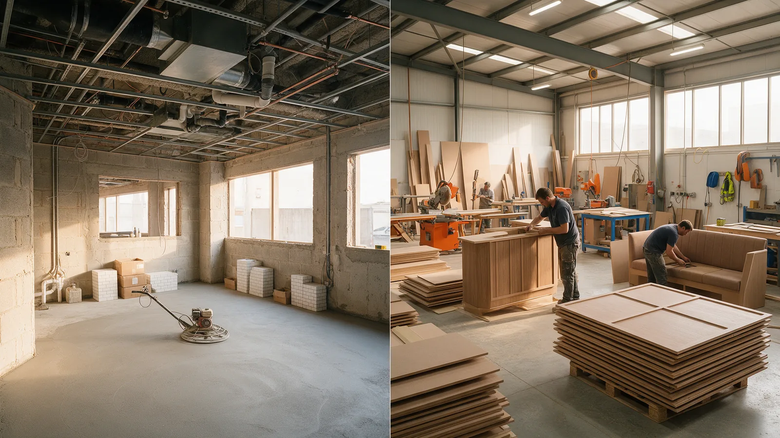 Split view of MEP work at a restaurant site alongside counters and banquettes being manufactured off-site